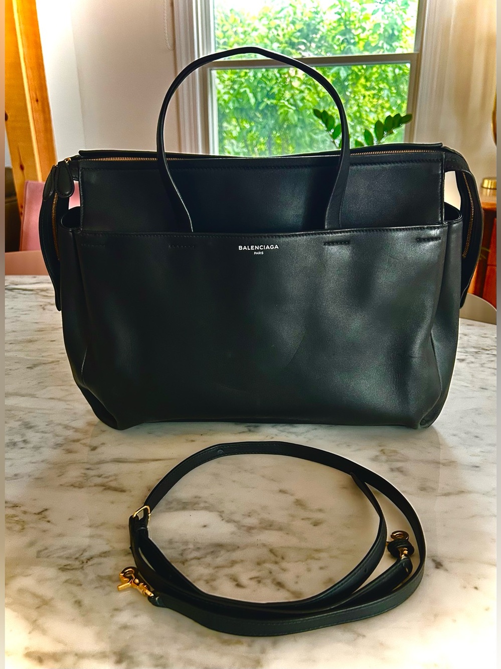 Balenciaga Papier Zip Around Tote Bag in black smooth calfskin w/gold hardware